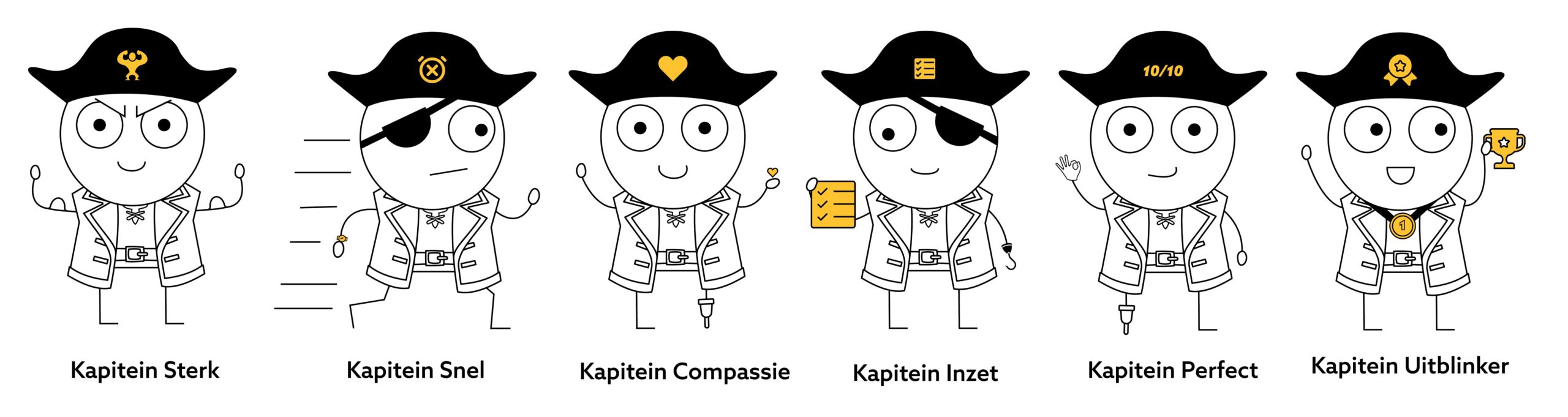 De zes Kapiteins: Sterk, Snel, Compassie, Inzet, Perfect en Uitblinker