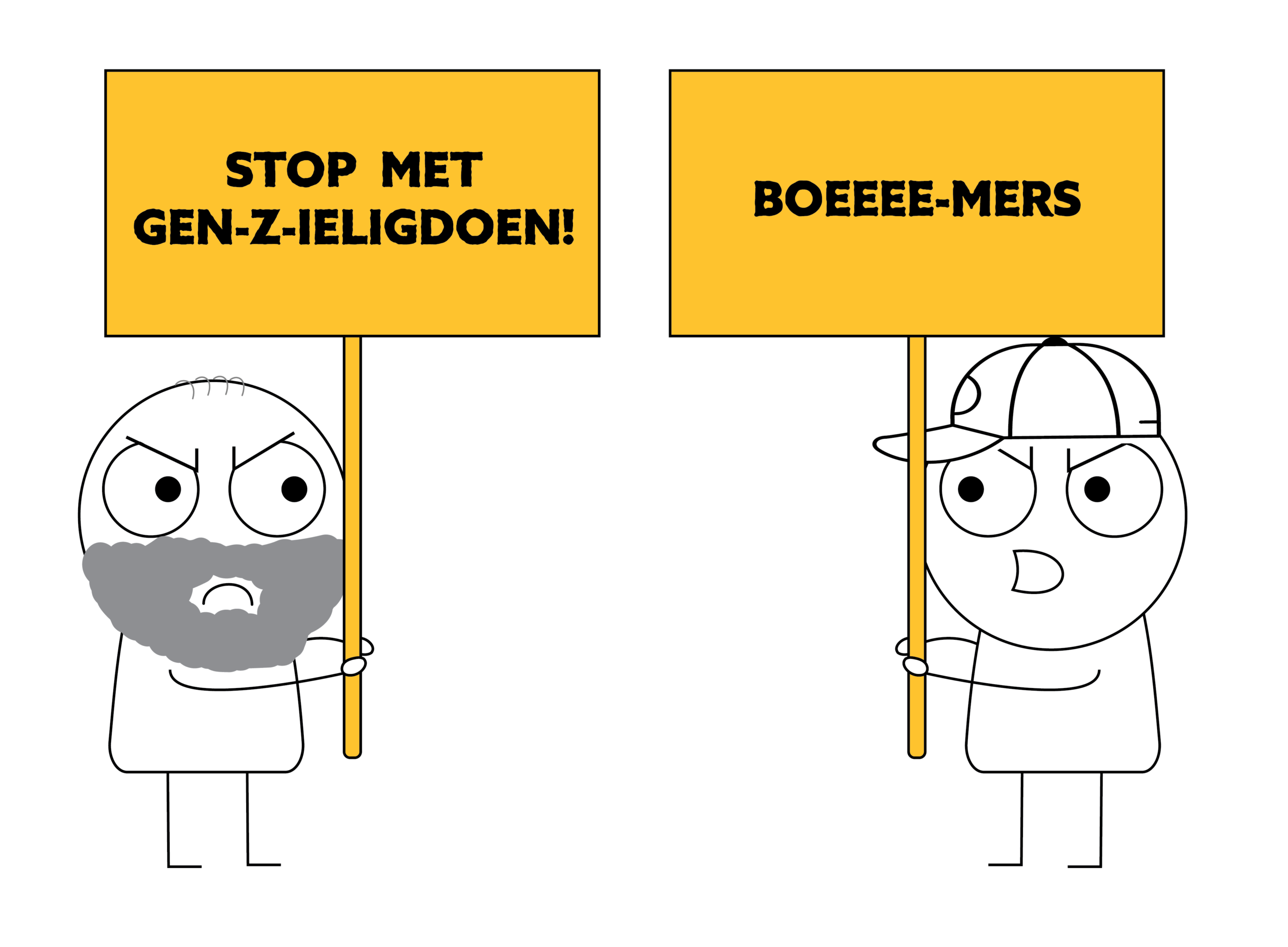 Twee figuren met protestborden: Stop met Gen-Z-ieligdoen en Boeeee-mers