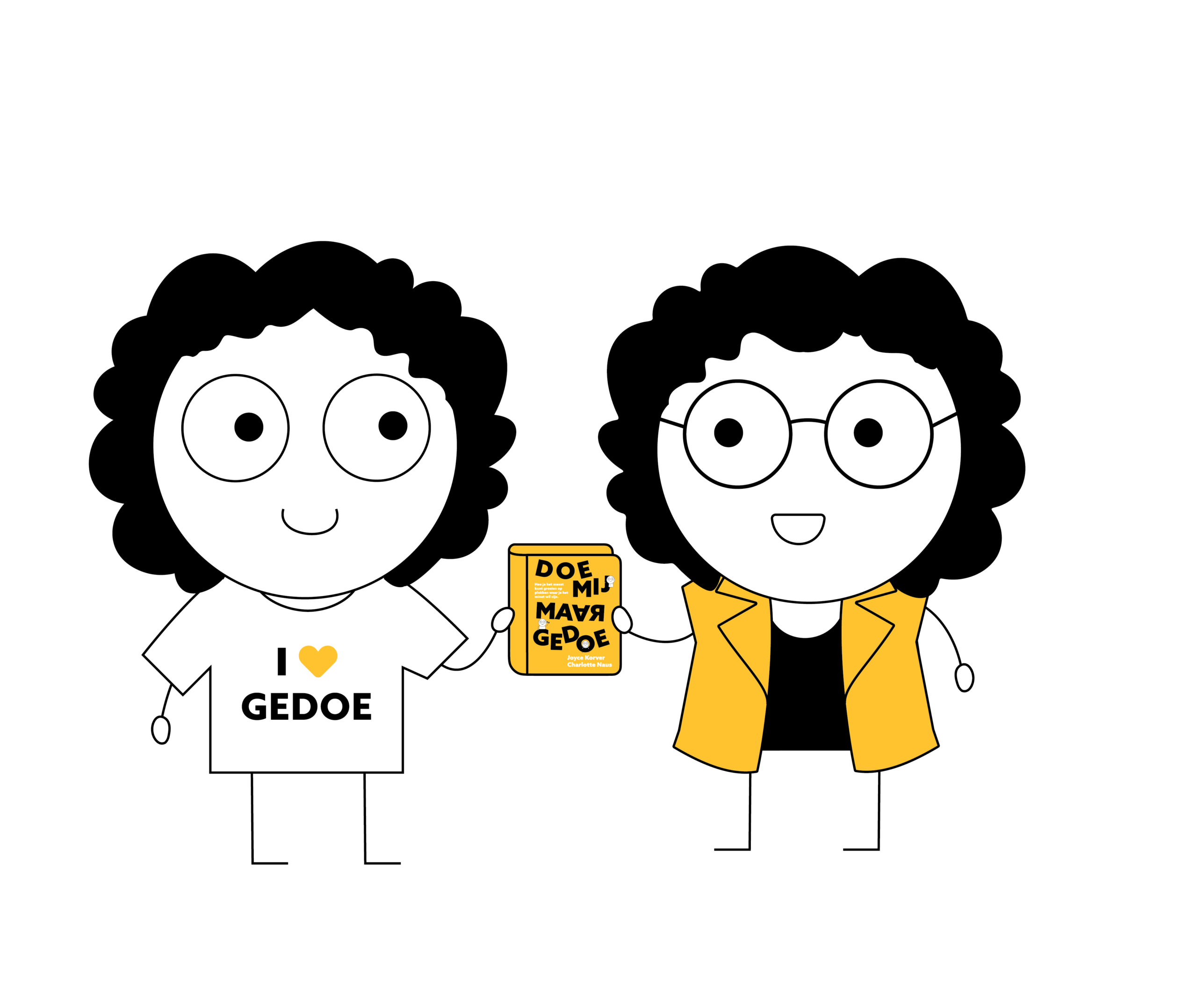 Cartoon van Joyce en Charlotte met het boek Doe mij maar Gedoe